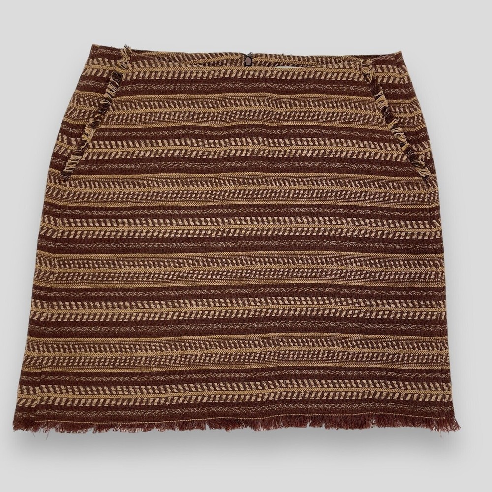 Bob Timberlake Womens Striped Skirt Brown Frayed Hem Boho Southwestern Size 8
